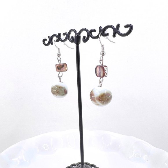 NWOT – White & Brown Porcelain Bead Brown Dyed Shell Dangle Fishhook Earrings - Picture 3 of 6